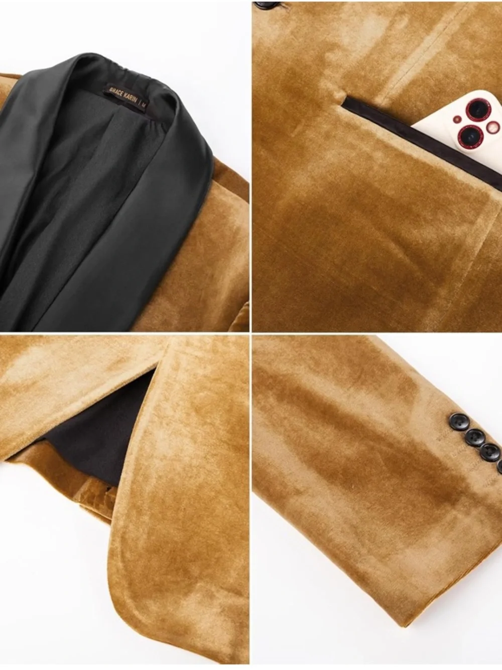 Grace Karin Gold Velvet Blazer with Black Satin Shawl Lapel